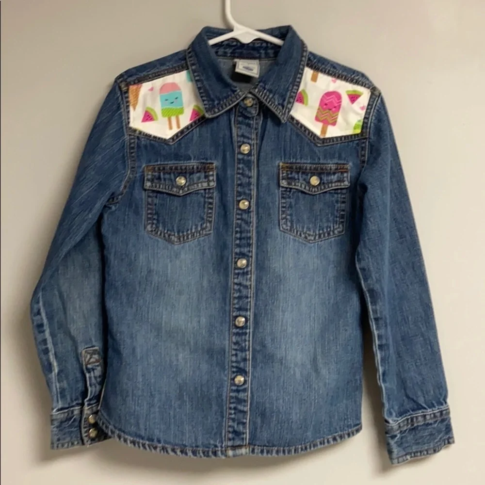 Life Is Sweet  Old Navy Upcycled denim jacket/ shirt , Flower snaps Girls 7,